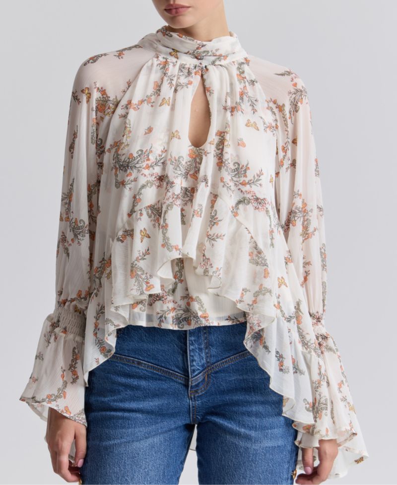 Women's Floral High-Neck Puff-Sleeve Top
