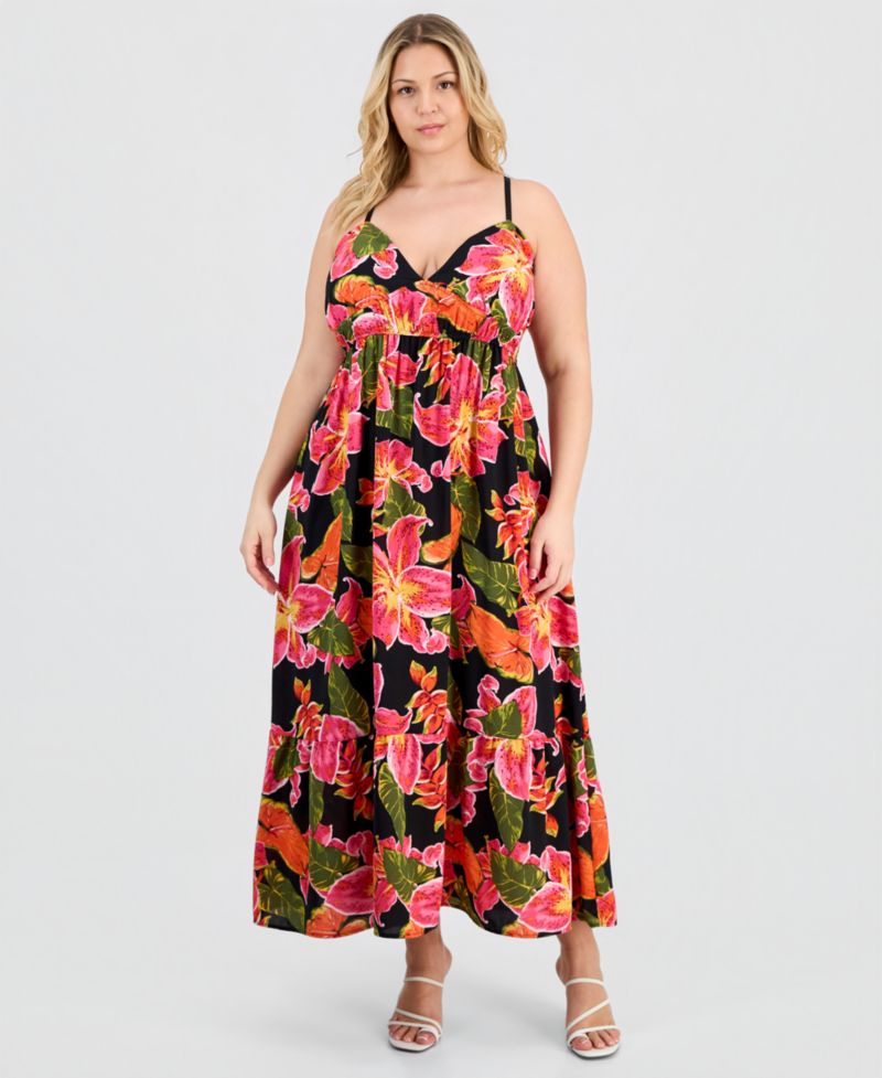 Trendy Plus Printed Empire-Waist Peplum-Hem Dress
