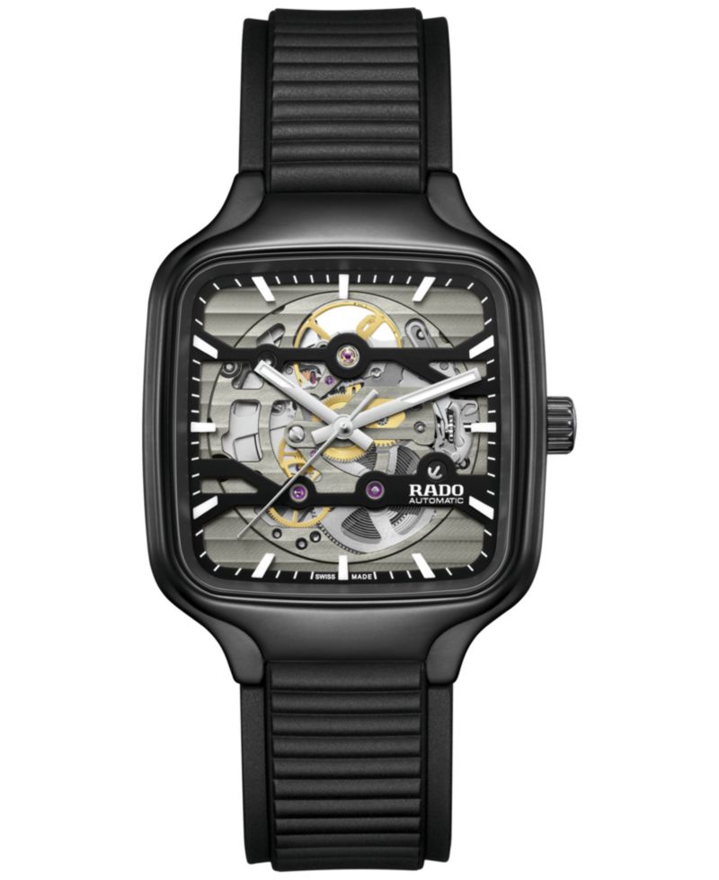 Unisex Swiss Automatic True Square Skeleton Black Rubber Strap Watch 38mm