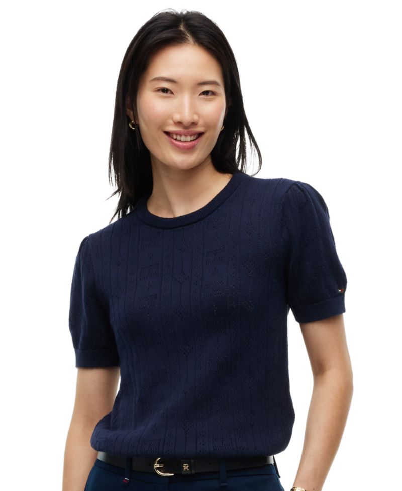 Women's Pointelle Puff-Sleeve Sweater
