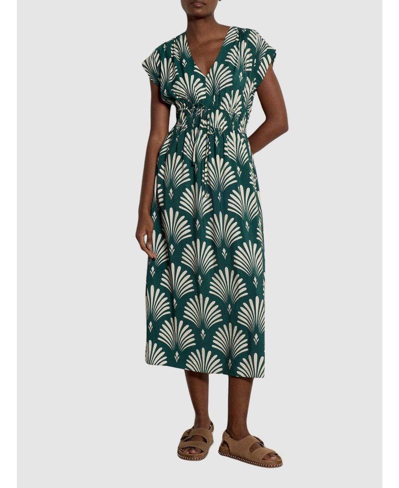 Women's Smocked V-Neck Midi Dress with Pockets
