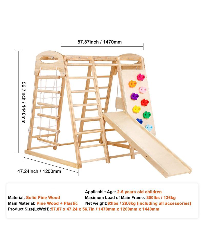 Toddler Indoor Playground 7-in-1, Wooden Climber with Rope Ladder, Slide & Swing