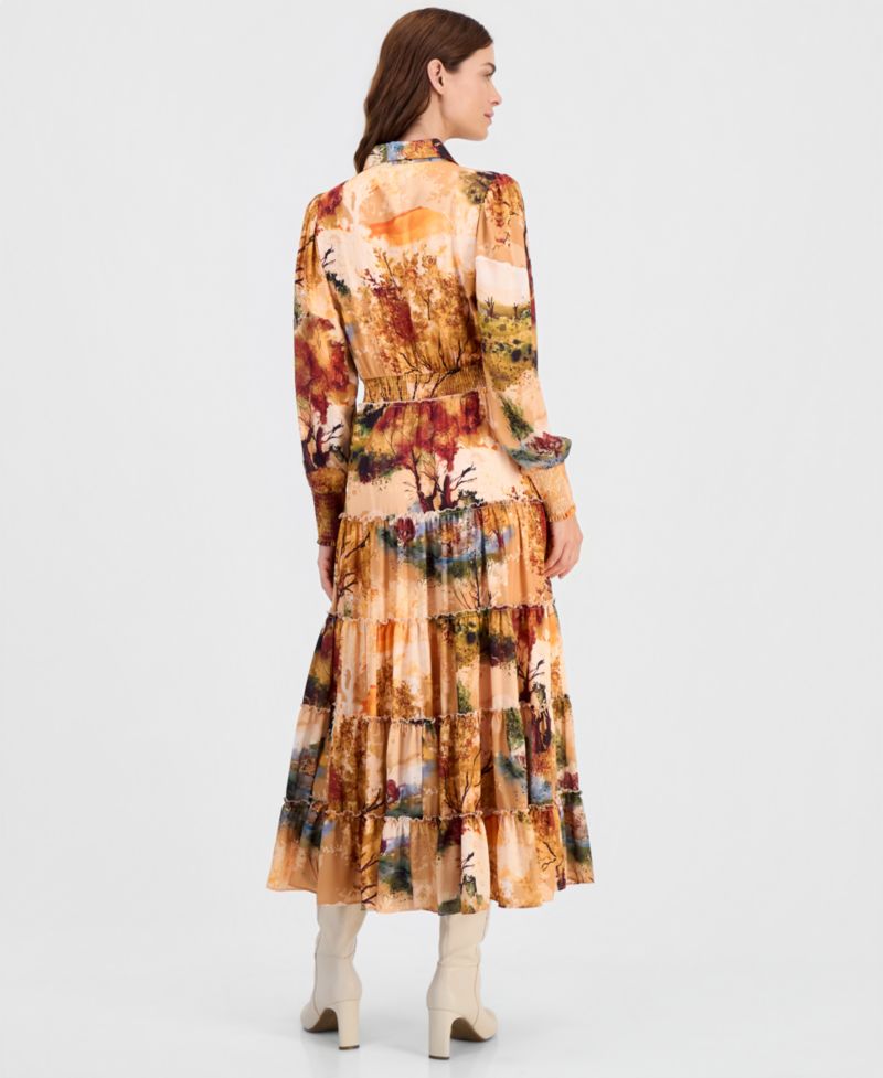 Women's Printed Smocked-Waist Ruffle-Tiered Dress