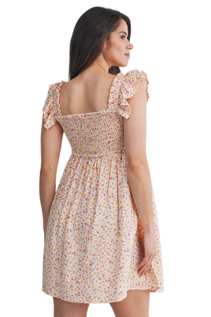 Women's Smocked Floral Dress with Ruffle Cap Sleeves
