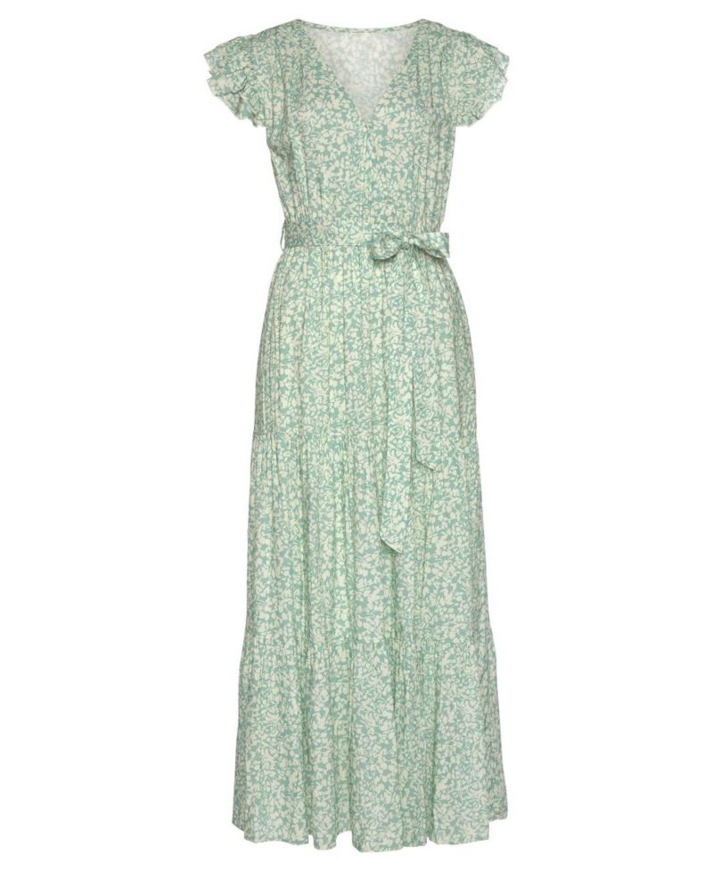 Women's Viscose Printed Flutter Sleeve V-Neck Elastic-Waist Maxi Dress