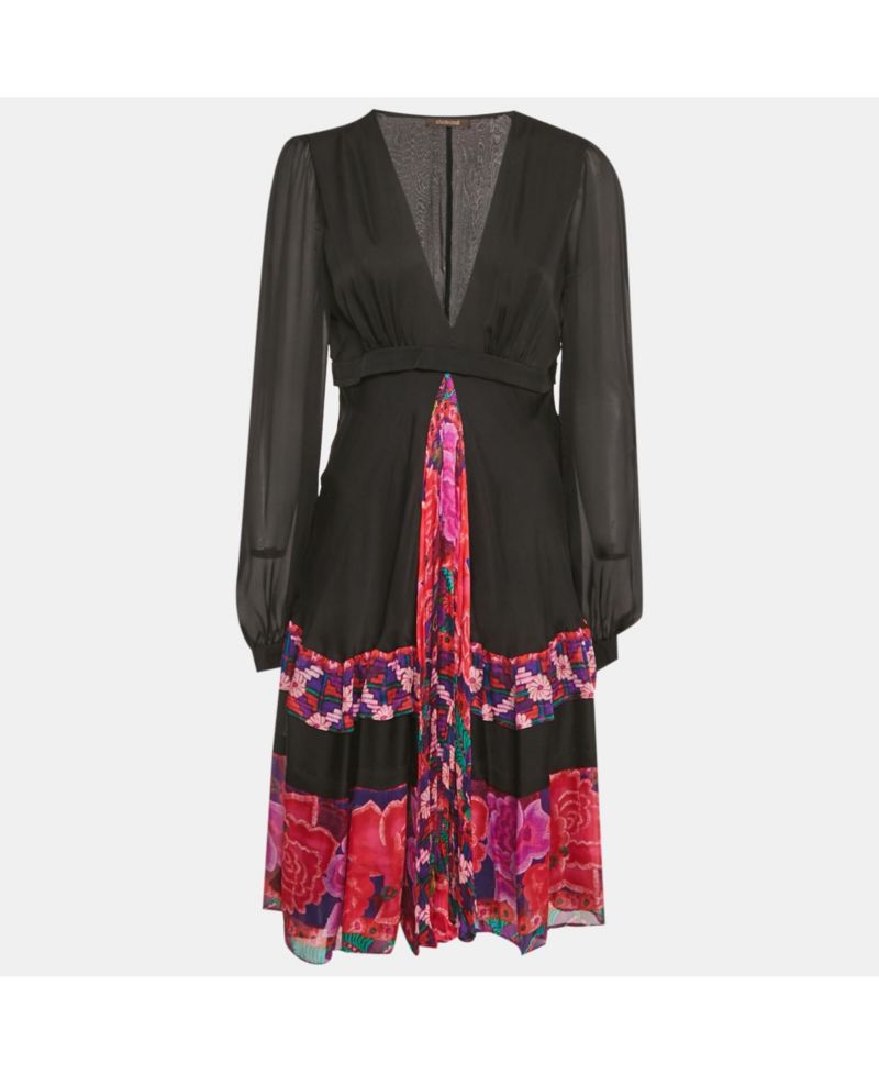 Women's Black Printed Silk Midi Dress