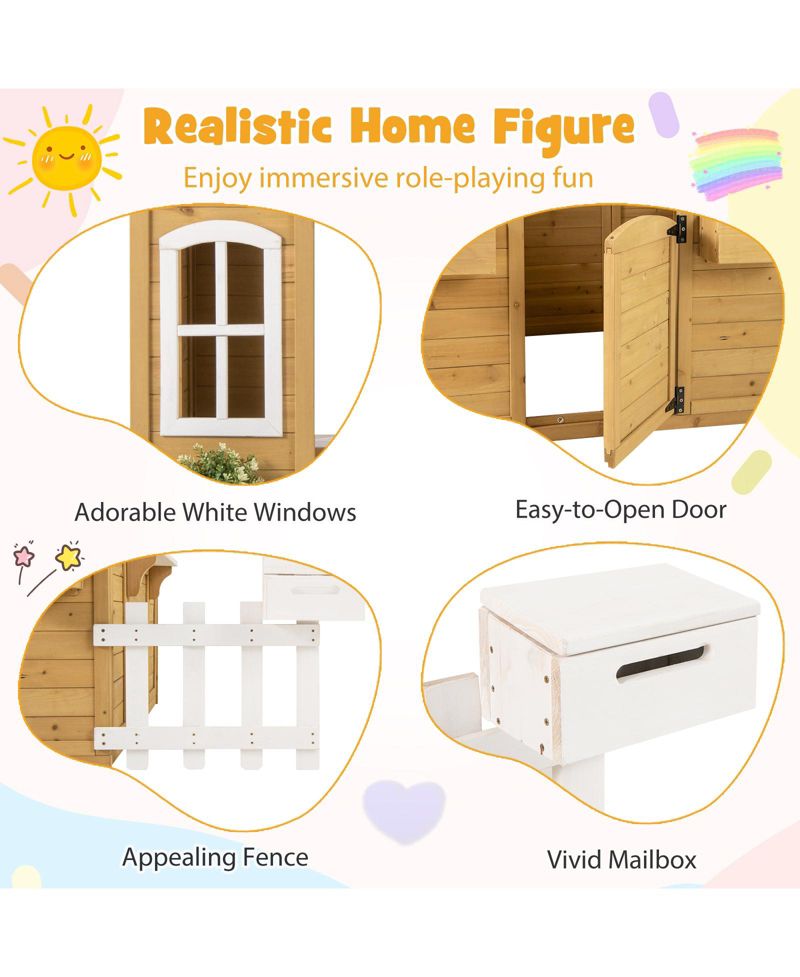 Wood Playhouse for Kids Outdoor Adventures Cottage w/ Bench Play Game Center