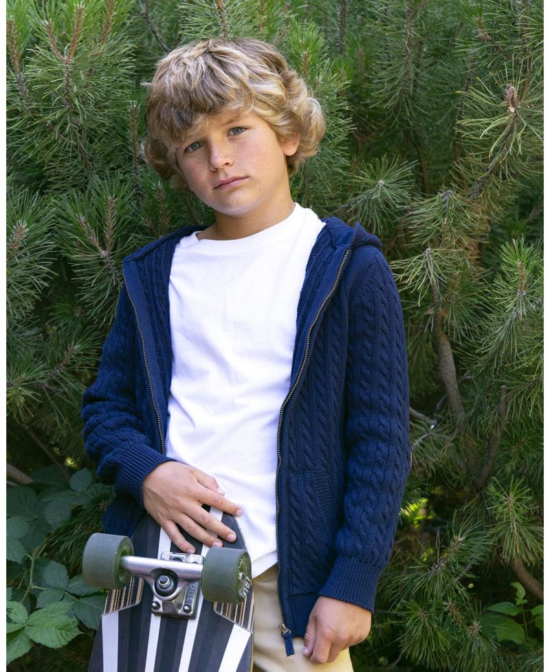 Little Boys (5-7) Organic Full Zip Hooded Sweater with Elbow Patches