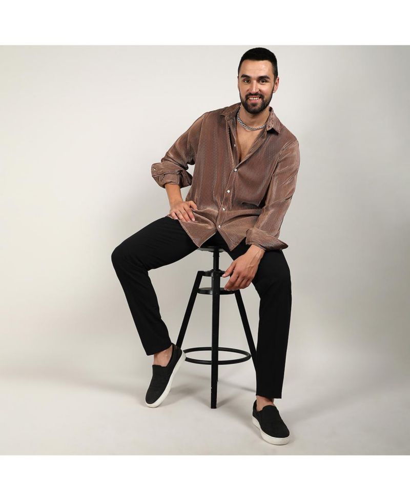 Men's Mocha Brown Pleat-Creased Shirt