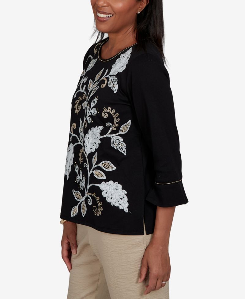 Women's Travel Advisory Scroll Leaf Embroidered Top