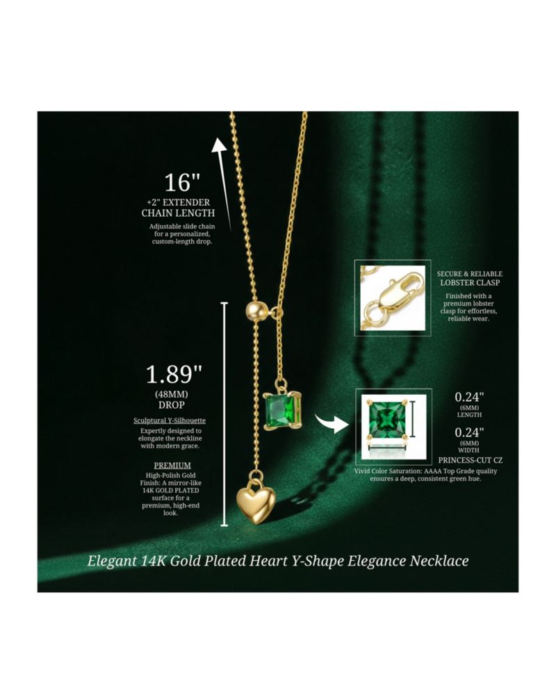 Dainty 14K Gold Plated Heart & CZ "Y" Drop Lariat Necklace