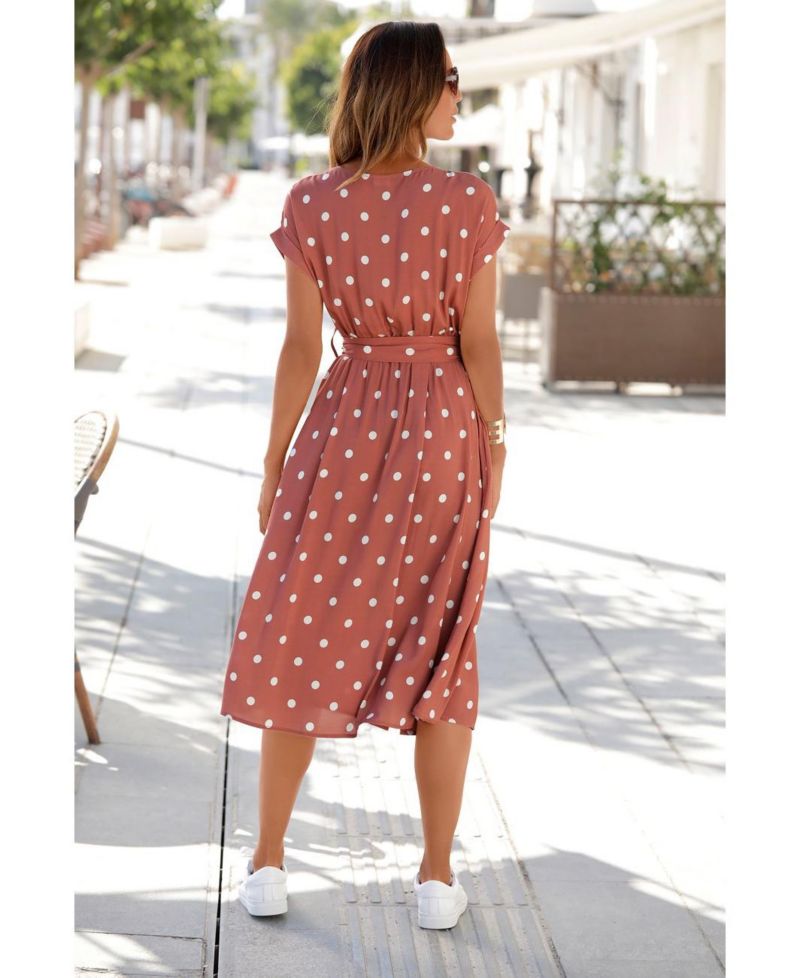 Women's Polka-Dot Short-Sleeve Belted Midi Dress