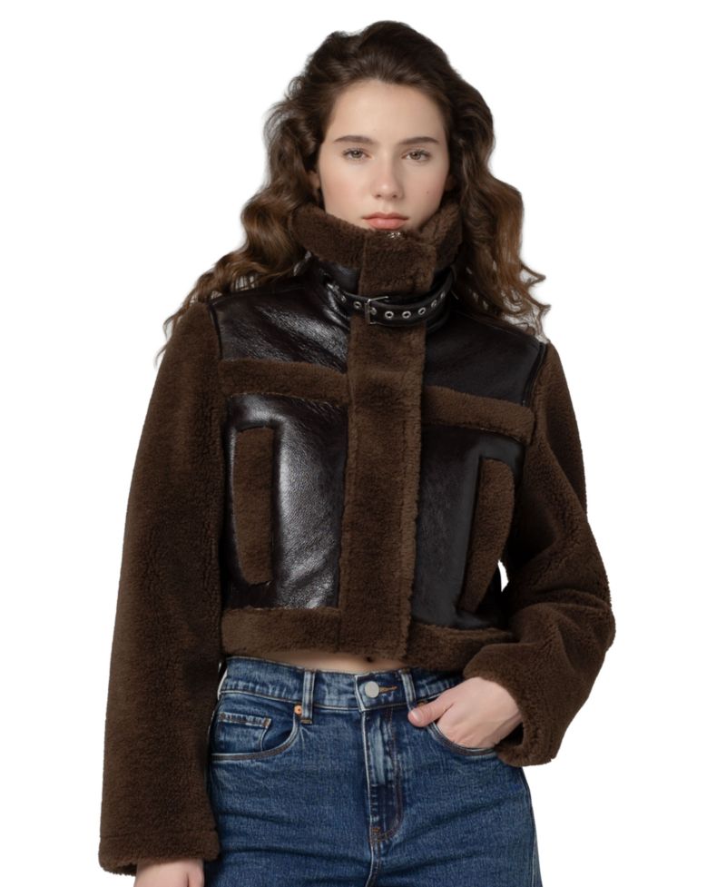 Women's Funnel Collar Cropped Sherpa Jacket
