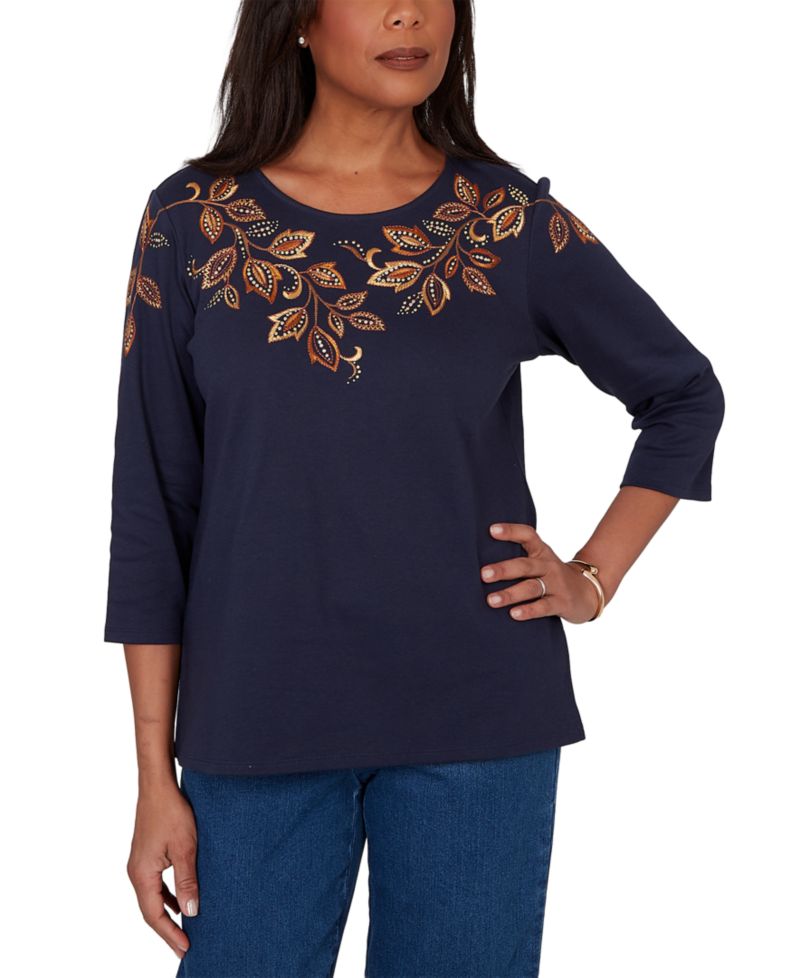 Petite Autumn Embroidered Navy Knit Top