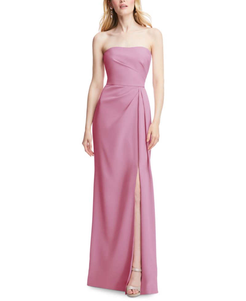 Plus Size Strapless Pleated Faux Wrap Trumpet Gown with Front Slit