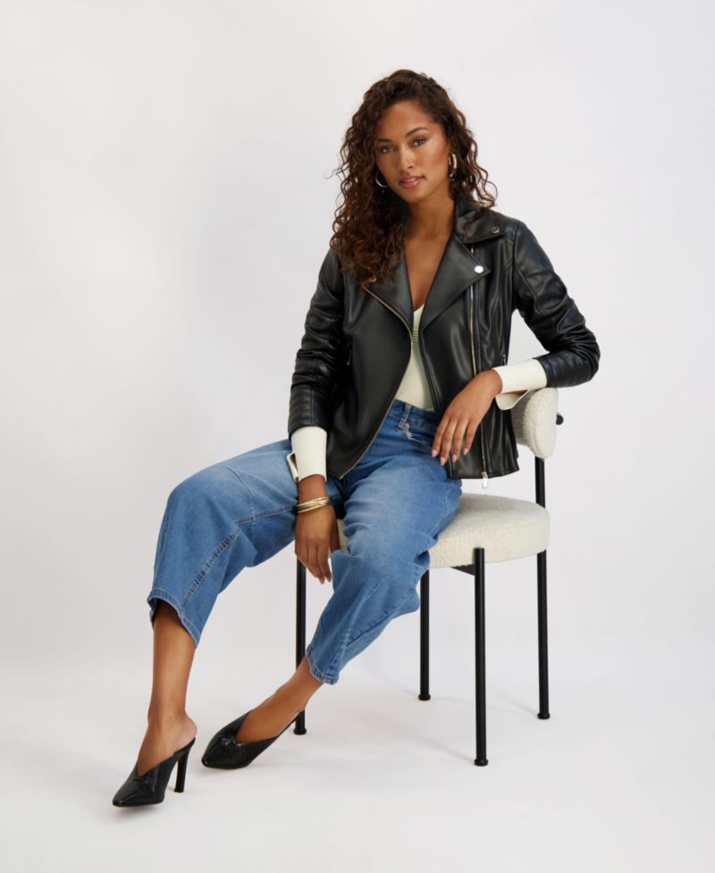 Women's Faux Leather Moto Jacket With Peplum and Quilted Details