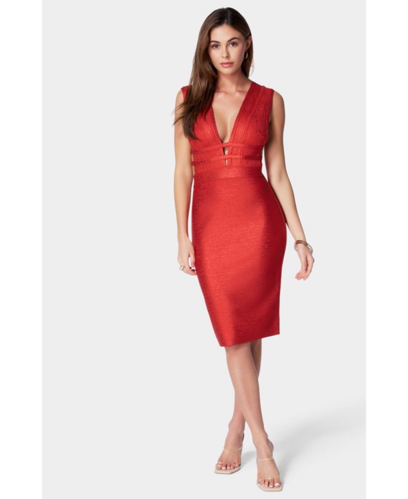 Women's Foiled Bandage Plunge Neck Midi Dress