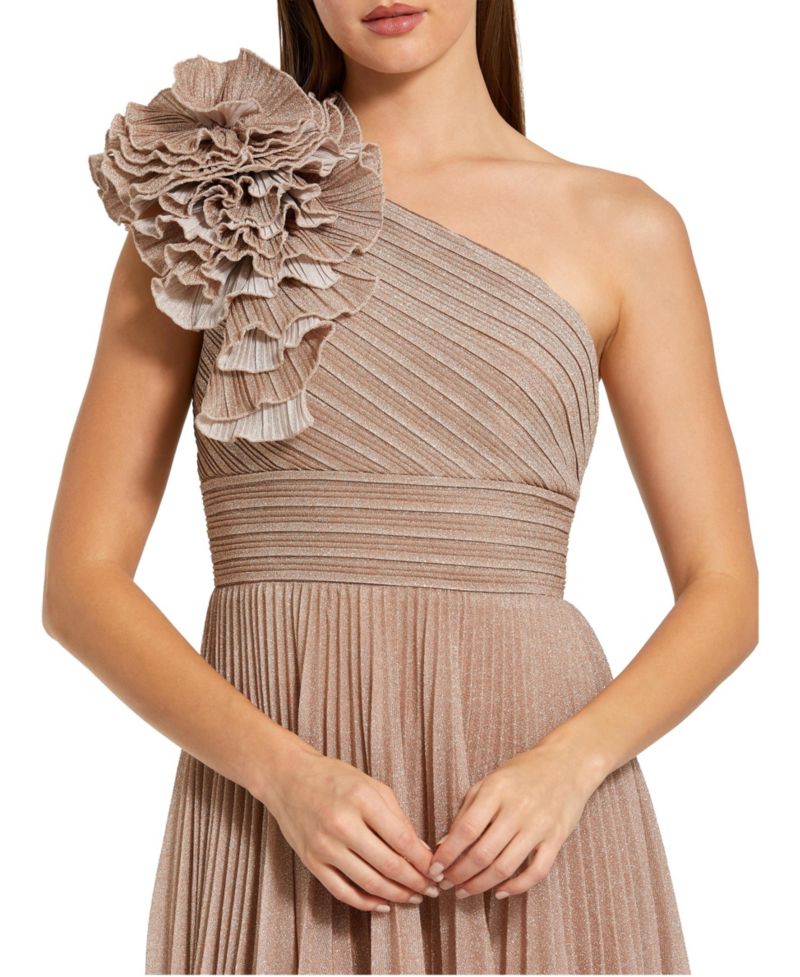 Petite Pleated Metallic One Shoulder Gown With Ruffle