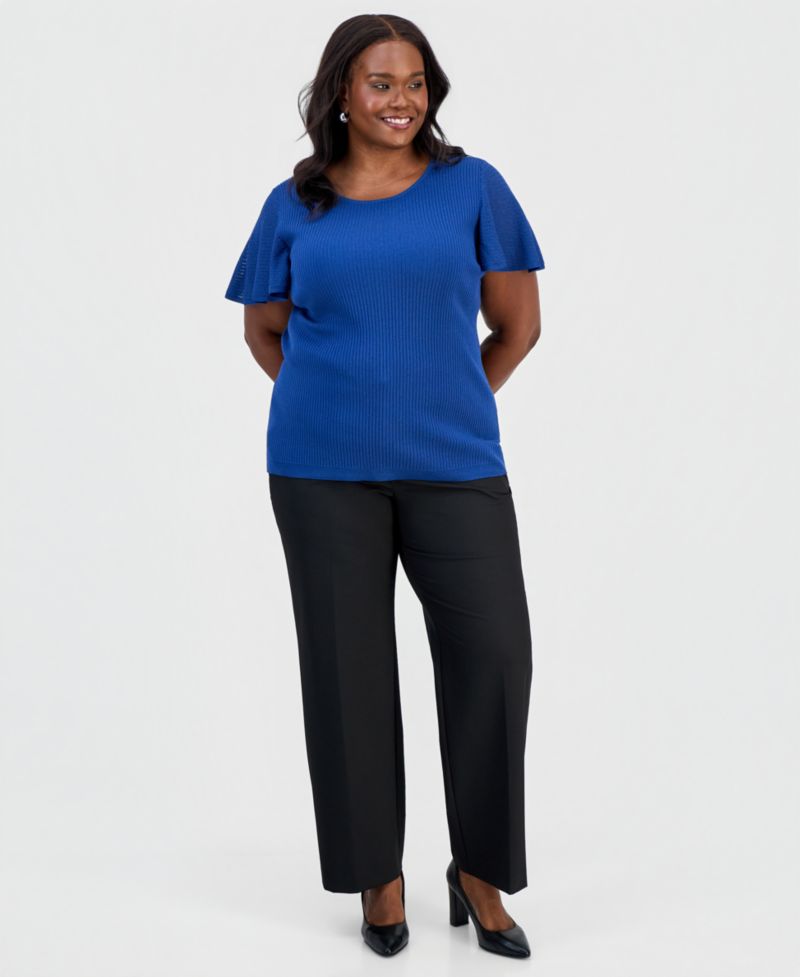Petite Crewneck Flutter-Sleeve Rib-Knit Sweater