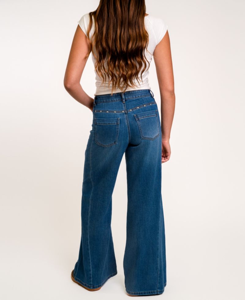 Juniors' High-Waisted Wide-Leg Studded Jeans