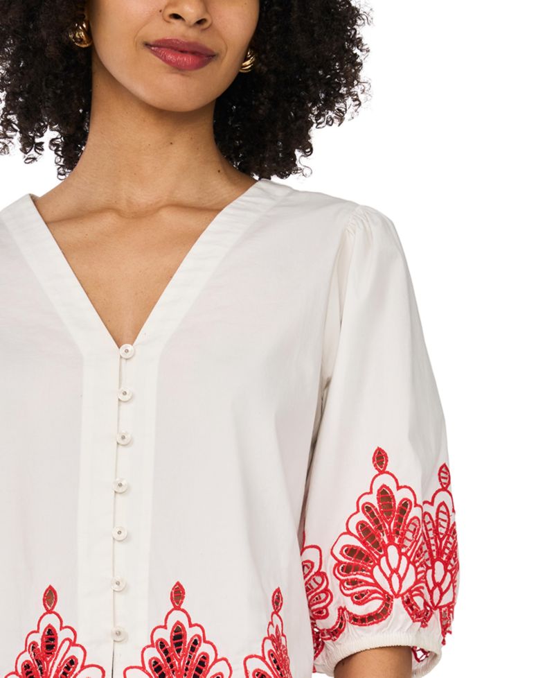 Women's Cotton Embroidery Hem V-Neck 3/4-Sleeve Button-Up Shirt