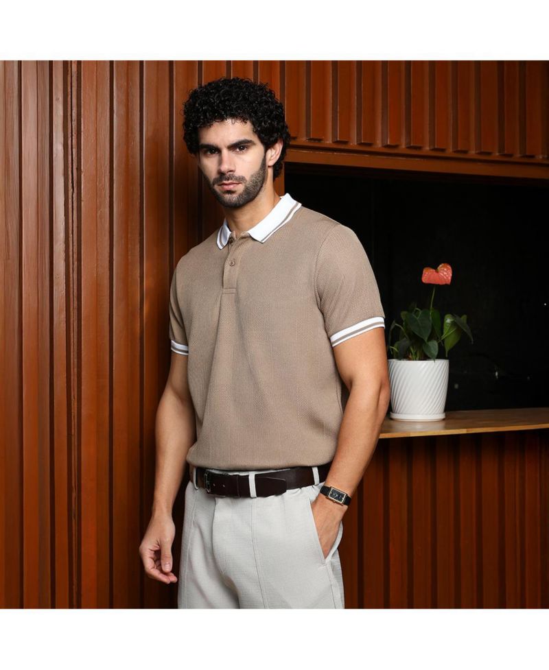 Men's Sand Beige Cuboid-Stripe Polo T-Shirt