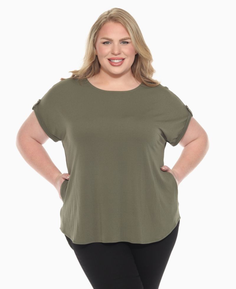 Plus Size Folded Short Sleeve Solid Top