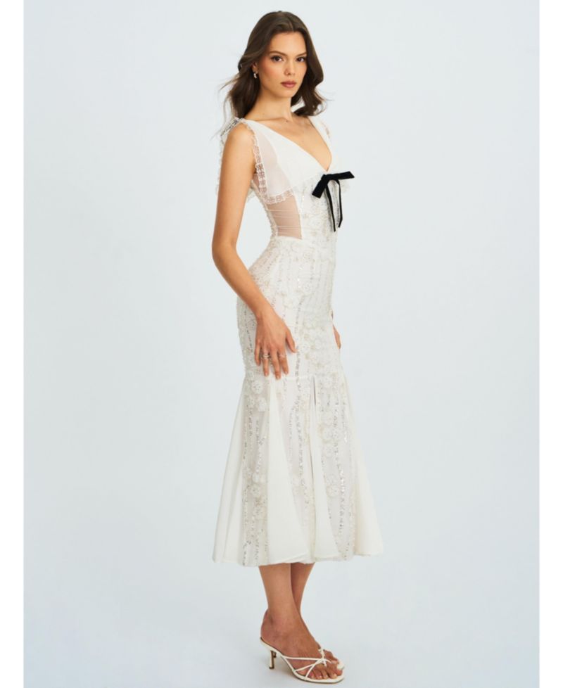 Women Paola White Peter Pan Collar Beaded Sequin Mermaid Midi Dress