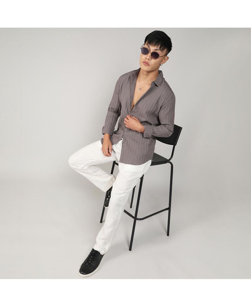 Men's Ash Grey Self-Design Striped Shirt