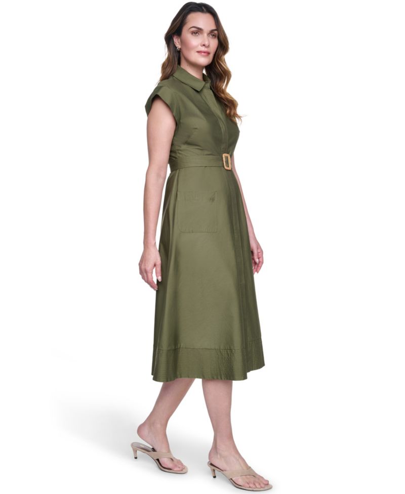 Women's Short-Sleeve Trapunto Stitch Belted Midi Shirt-Dress