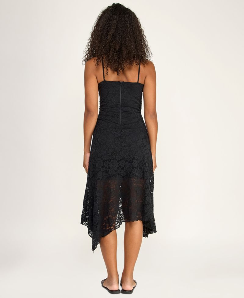 Juniors' Handkerchief Hem V-Neck Lace Midi Dress