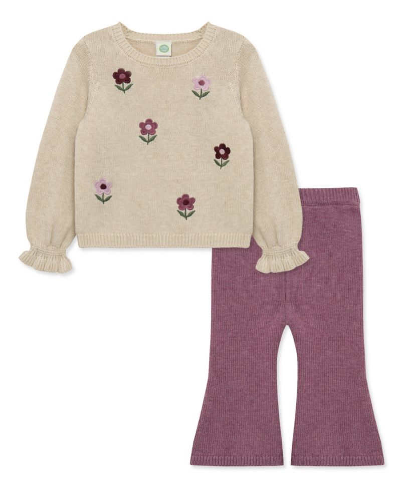 Baby Girls' Garden Floral Embroidered Sweater and Flare Pants, 2-Piece Set