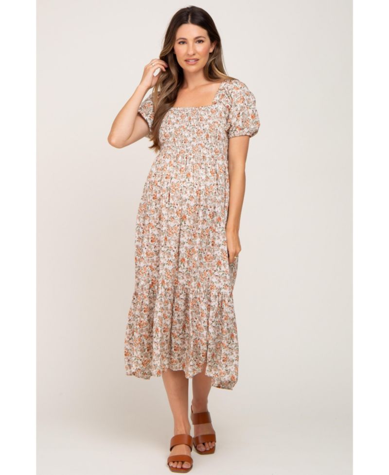 Women's Pink Floral Smocked Puff Sleeve Midi Dress