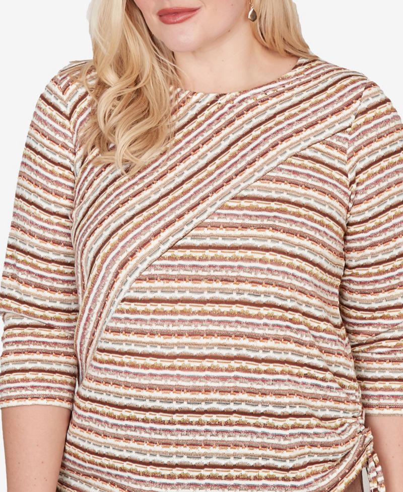 Petite Crewneck Spice Market Spliced Textured Stripe Ruched-Tie Top