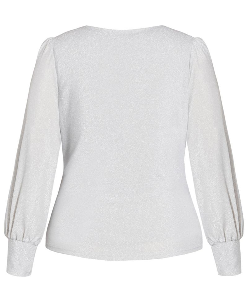 Plus Size Glowing Lurex Long-Sleeve V-Neck Faux-Wrap Blouse