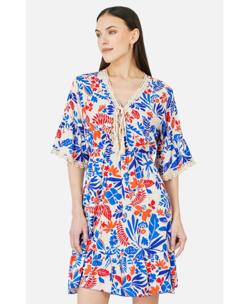 Women's Leaf Print Kimono Sleeve Tunic Dress