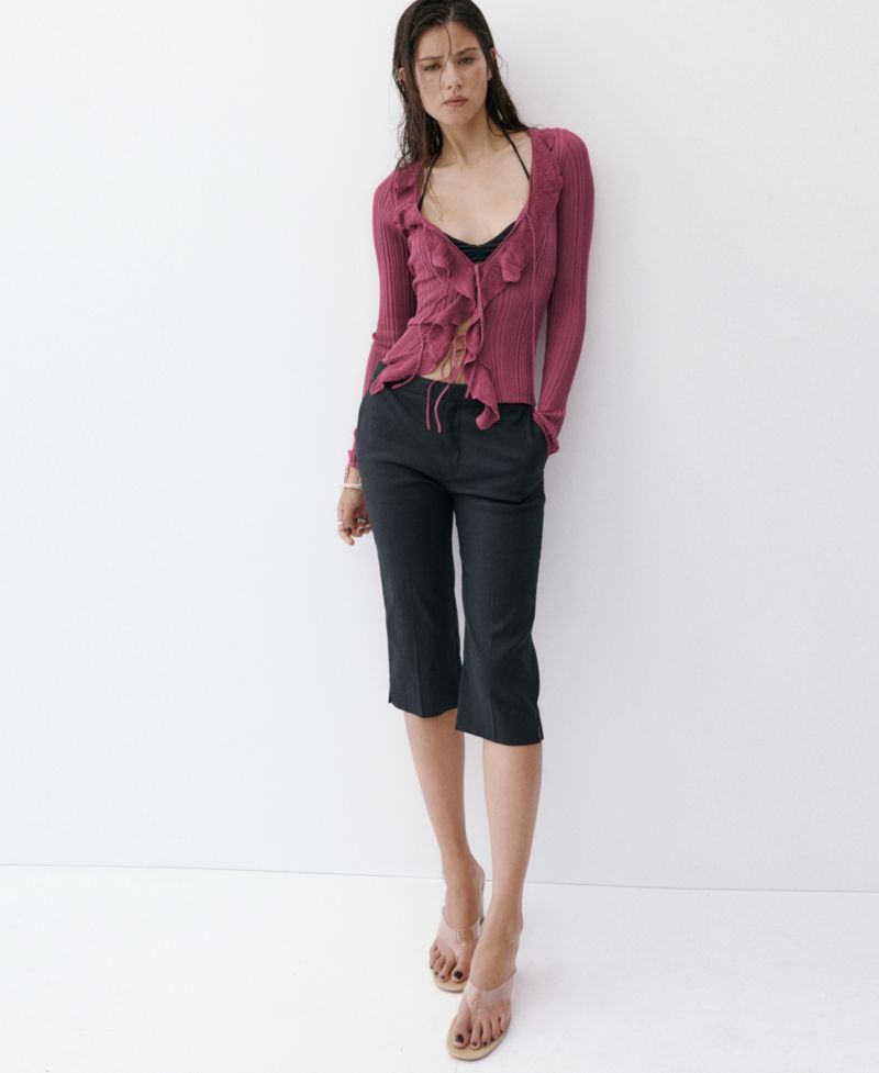 Women's Ruffled Detail Textured Knit Cardigan Sweater
