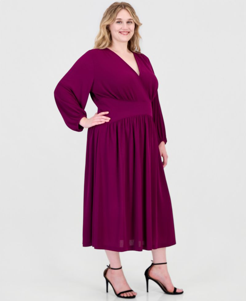 Plus Size Cross Long-Sleeve Fit & Flare Midi Dress