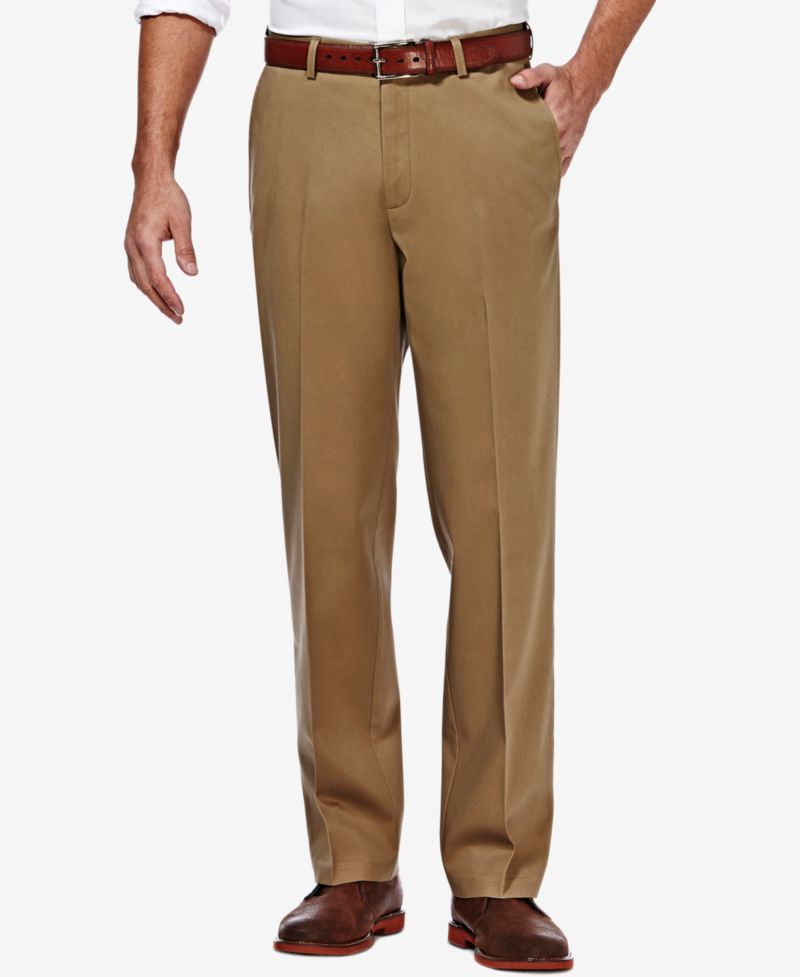 Men's Premium No Iron Khaki Classic Fit Flat Front Hidden Expandable Waist Pant