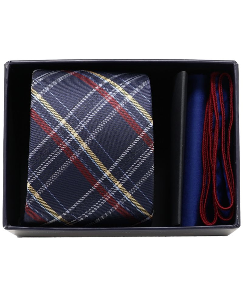 Men's 2-Piece Plaid Tie and Solid Pocket Square Half Box Set