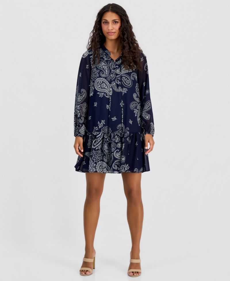 Petite Printed Chiffon Tie-Neck Tiered Dress