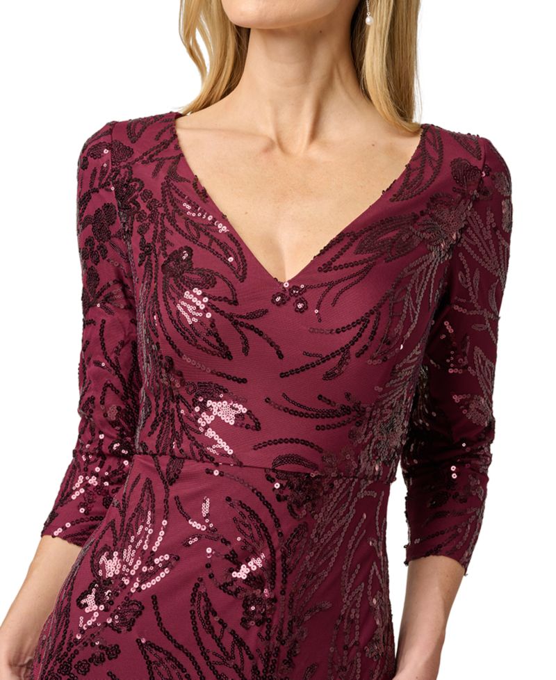 Women's Floral-Print Sequin-Embroidered V-Neck Gown