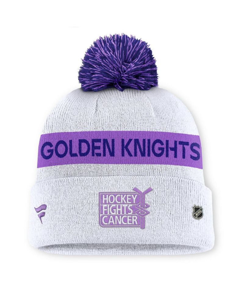 Men's White Vegas Golden Knights Hockey Fights Cancer Cuffed Knit Hat with Pom