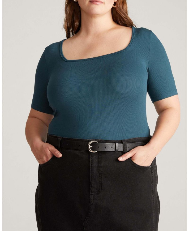 Women's Plus Size Cloud Rib Short Sleeve Square Neck Tee