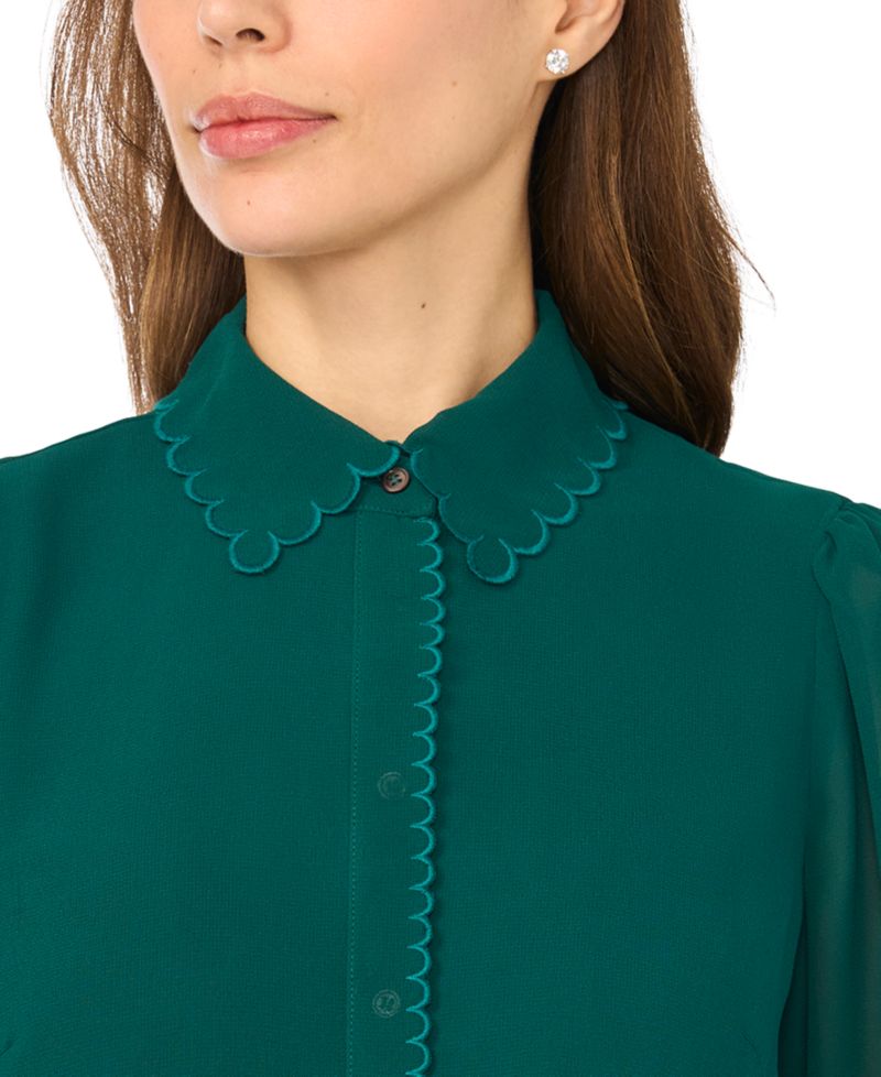 Women's Scallop-Trim Long-Sleeve Chiffon Blouse