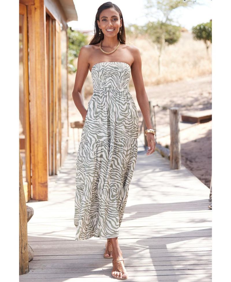 Women's Animal Print Strapless A-Line Maxi Dress