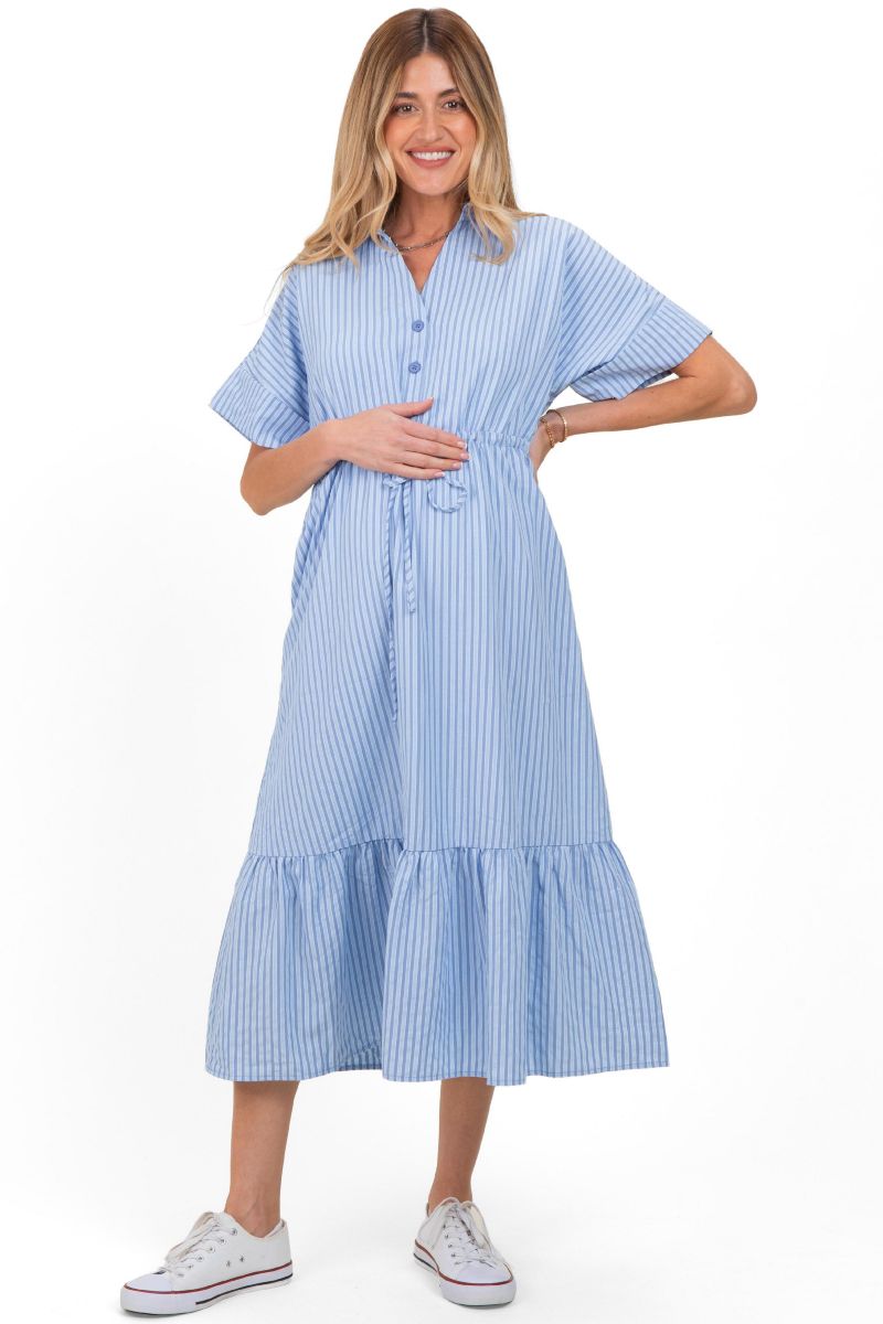 Women's Light Blue Striped Button Collared Midi Dress