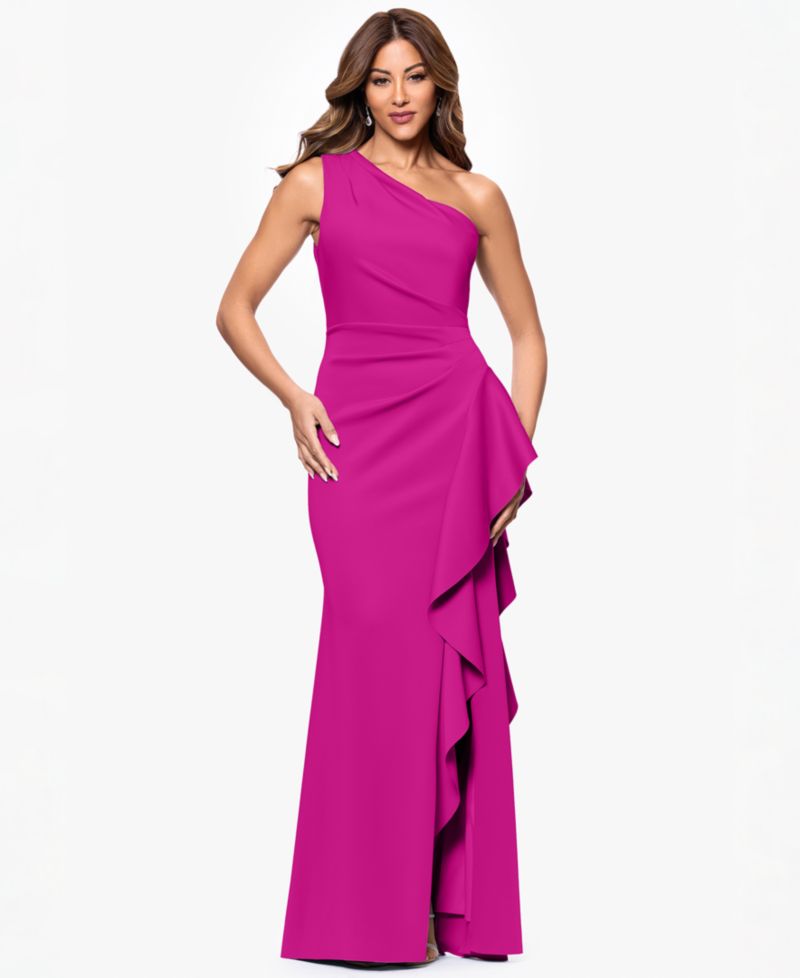 Petite Ruffled One-Shoulder Scuba Gown