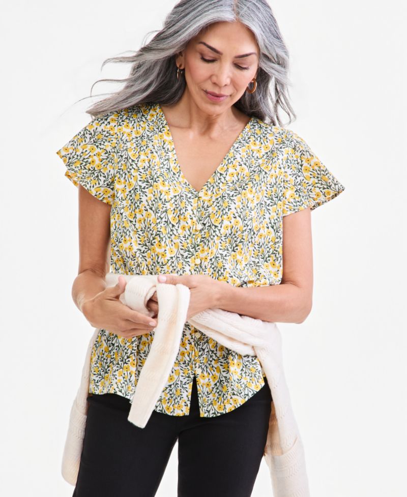 Women's Printed Short Sleeve Flutter Blouse