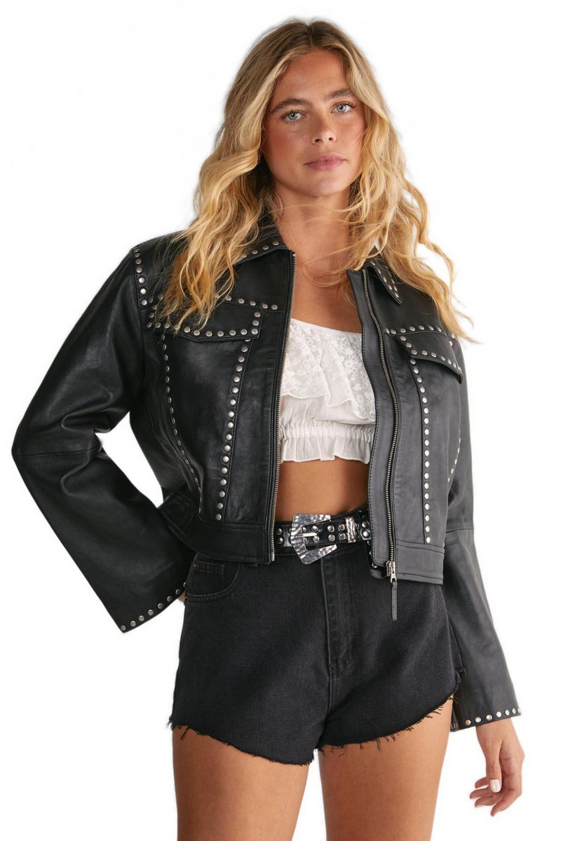 Women's Leather Studded Cropped Jacket